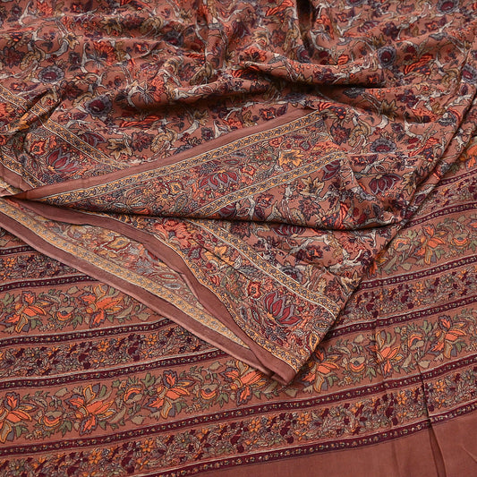 Indian Vintage Sari Brown Pure Crepe Silk Hand Embroidered Saree 6yd Sewing Floral Craft Sequins Dress making Crafting Quilting