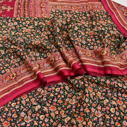 Indian Vintage Red & Black Pure Silk Printed Saree 5 Yards Soft Floral Fabric for Dressmaking, Quilting, Crafting, Sewing, Dress Making