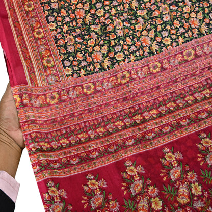 Indian Vintage Red & Black Pure Silk Printed Saree 5 Yards Soft Floral Fabric for Dressmaking, Quilting, Crafting, Sewing, Dress Making