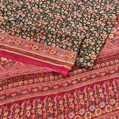 Indian Vintage Red & Black Pure Silk Printed Saree 5 Yards Soft Floral Fabric for Dressmaking, Quilting, Crafting, Sewing, Dress Making