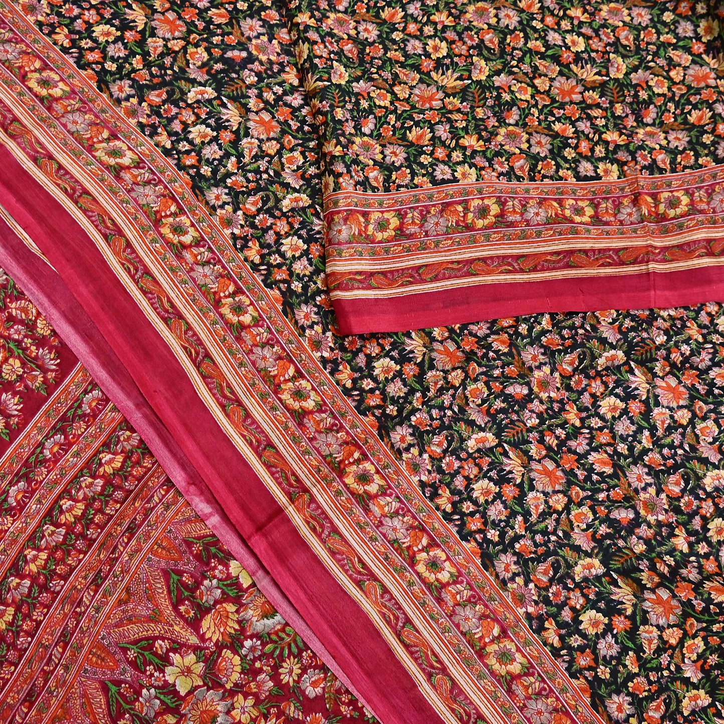 Indian Vintage Red & Black Pure Silk Printed Saree 5 Yards Soft Floral Fabric for Dressmaking, Quilting, Crafting, Sewing, Dress Making
