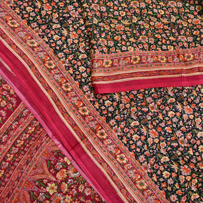 Indian Vintage Red & Black Pure Silk Printed Saree 5 Yards Soft Floral Fabric for Dressmaking, Quilting, Crafting, Sewing, Dress Making