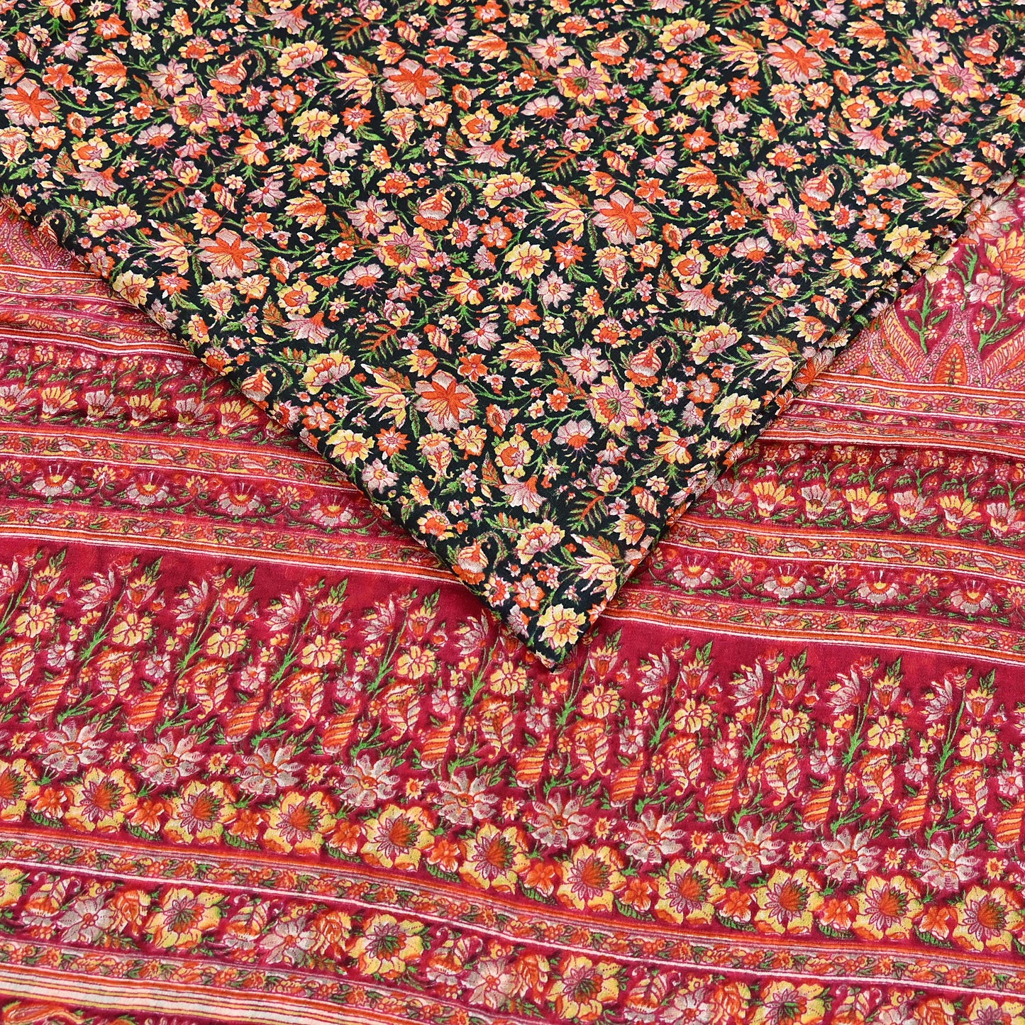 Indian Vintage Red & Black Pure Silk Printed Saree 5 Yards Soft Floral Fabric for Dressmaking, Quilting, Crafting, Sewing, Dress Making