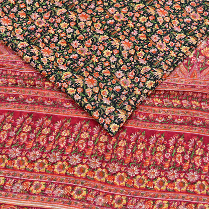 Indian Vintage Red & Black Pure Silk Printed Saree 5 Yards Soft Floral Fabric for Dressmaking, Quilting, Crafting, Sewing, Dress Making