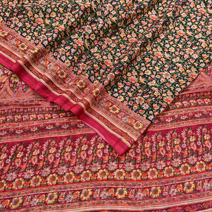 Indian Vintage Red & Black Pure Silk Printed Saree 5 Yards Soft Floral Fabric for Dressmaking, Quilting, Crafting, Sewing, Dress Making