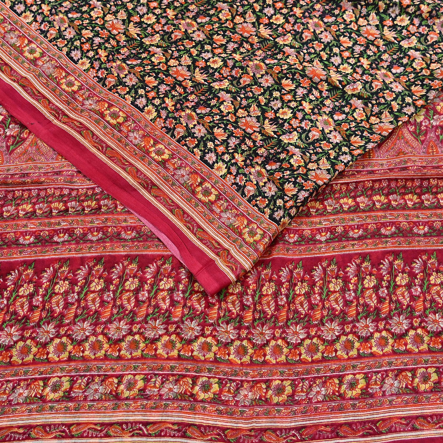 Indian Vintage Red & Black Pure Silk Printed Saree 5 Yards Soft Floral Fabric for Dressmaking, Quilting, Crafting, Sewing, Dress Making
