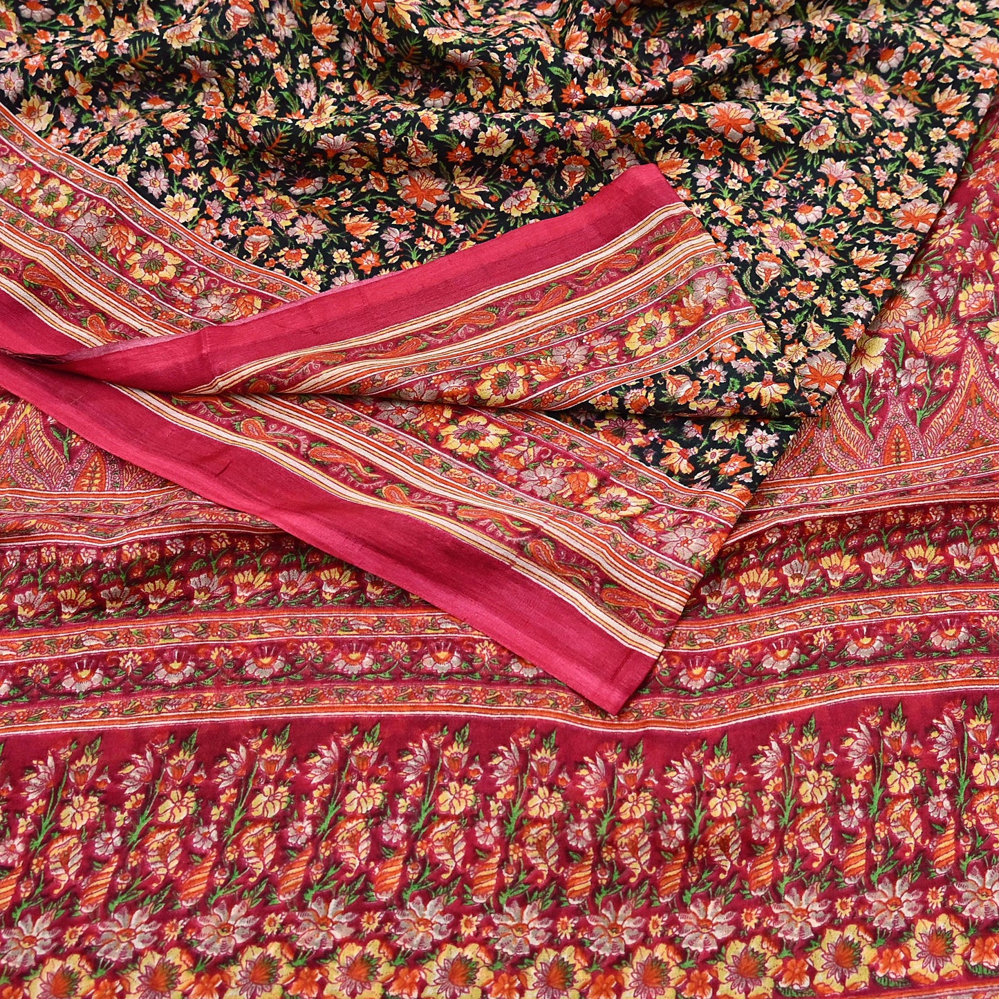 Indian Vintage Red & Black Pure Silk Printed Saree 5 Yards Soft Floral Fabric for Dressmaking, Quilting, Crafting, Sewing, Dress Making