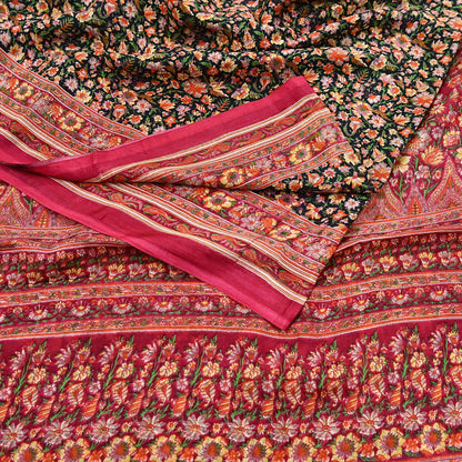 Indian Vintage Red & Black Pure Silk Printed Saree 5 Yards Soft Floral Fabric for Dressmaking, Quilting, Crafting, Sewing, Dress Making