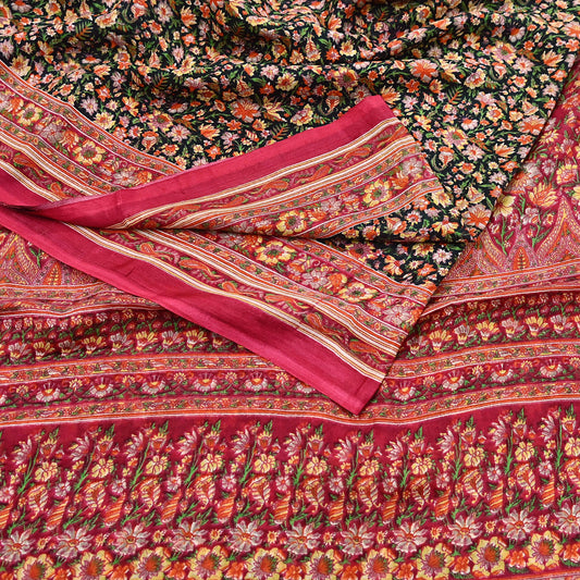 Indian Vintage Red & Black Pure Silk Printed Saree 5 Yards Soft Floral Fabric for Dressmaking, Quilting, Crafting, Sewing, Dress Making