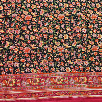 Indian Vintage Red & Black Pure Silk Printed Saree 5 Yards Soft Floral Fabric for Dressmaking, Quilting, Crafting, Sewing, Dress Making
