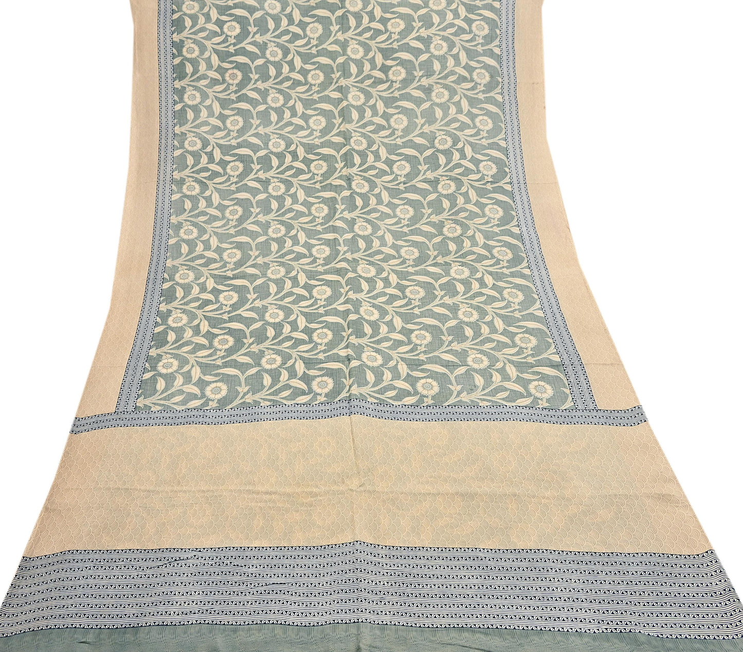 Indian Vintage Beige & Green Saree Pure Silk Printed Indian Sari Fabric 5yd Sewing Craft Fabric DressMaking Soft