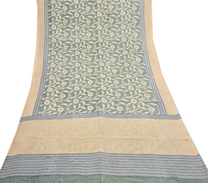Indian Vintage Beige & Green Saree Pure Silk Printed Indian Sari Fabric 5yd Sewing Craft Fabric DressMaking Soft