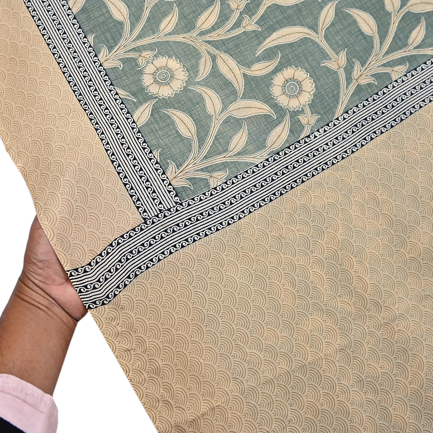 Indian Vintage Beige & Green Saree Pure Silk Printed Indian Sari Fabric 5yd Sewing Craft Fabric DressMaking Soft