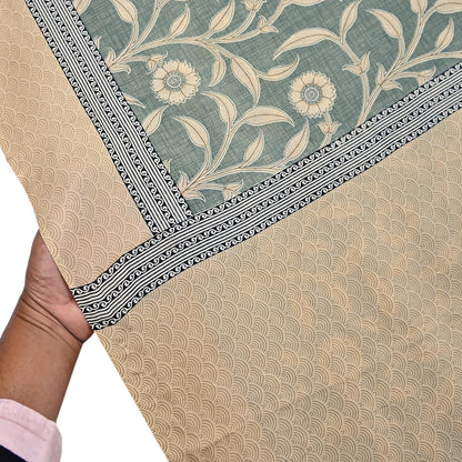 Indian Vintage Beige & Green Saree Pure Silk Printed Indian Sari Fabric 5yd Sewing Craft Fabric DressMaking Soft