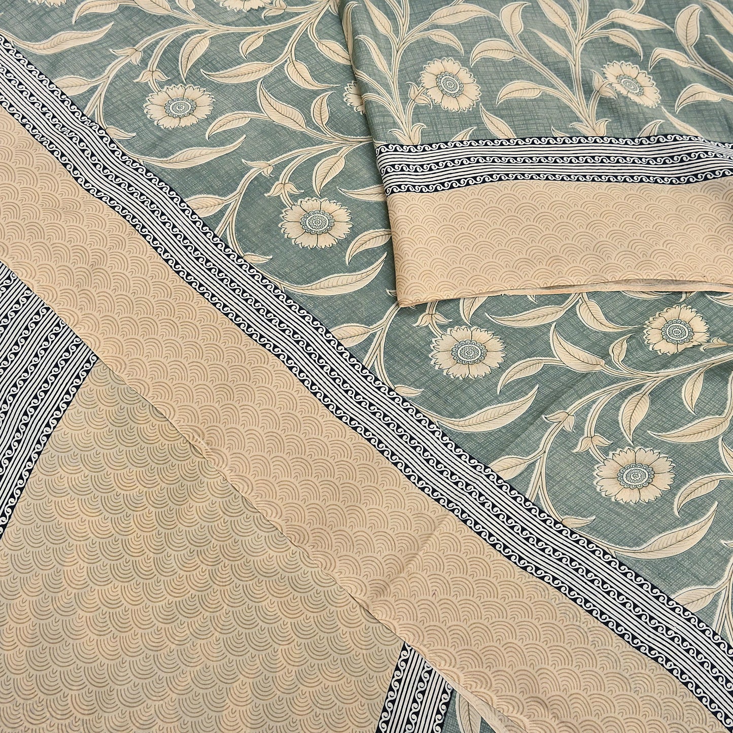 Indian Vintage Beige & Green Saree Pure Silk Printed Indian Sari Fabric 5yd Sewing Craft Fabric DressMaking Soft