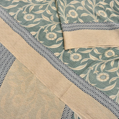 Indian Vintage Beige & Green Saree Pure Silk Printed Indian Sari Fabric 5yd Sewing Craft Fabric DressMaking Soft
