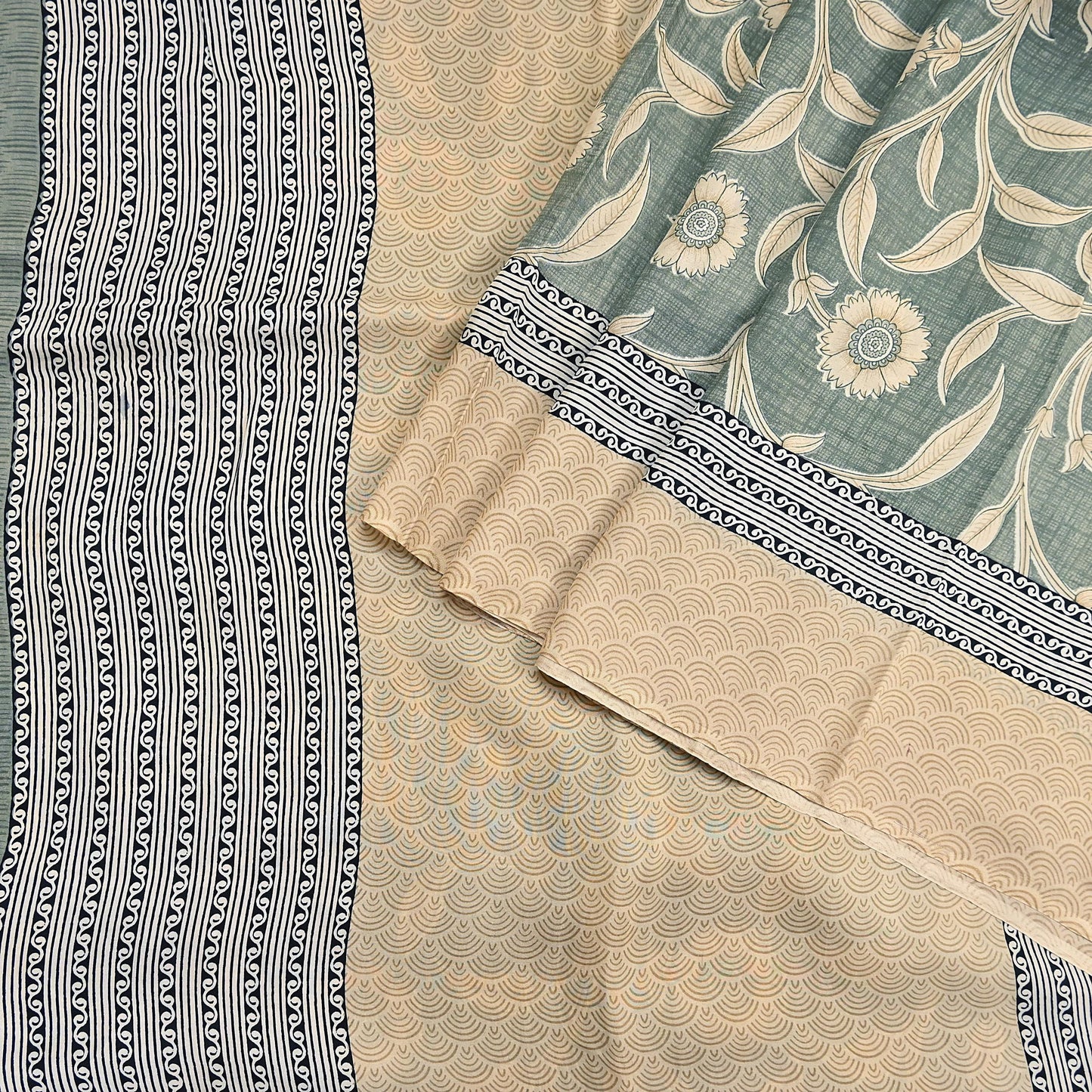 Indian Vintage Beige & Green Saree Pure Silk Printed Indian Sari Fabric 5yd Sewing Craft Fabric DressMaking Soft