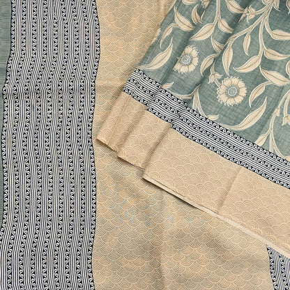 Indian Vintage Beige & Green Saree Pure Silk Printed Indian Sari Fabric 5yd Sewing Craft Fabric DressMaking Soft