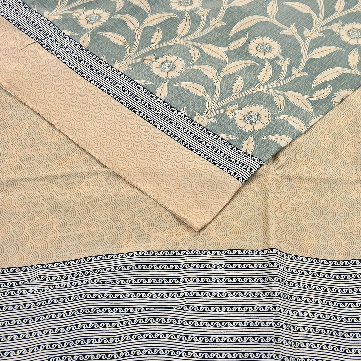 Indian Vintage Beige & Green Saree Pure Silk Printed Indian Sari Fabric 5yd Sewing Craft Fabric DressMaking Soft