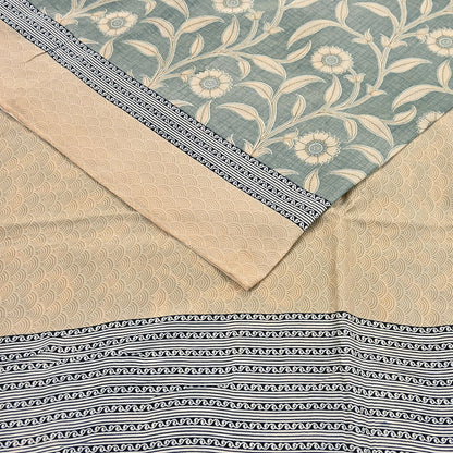Indian Vintage Beige & Green Saree Pure Silk Printed Indian Sari Fabric 5yd Sewing Craft Fabric DressMaking Soft