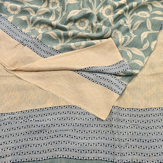 Indian Vintage Beige & Green Saree Pure Silk Printed Indian Sari Fabric 5yd Sewing Craft Fabric DressMaking Soft