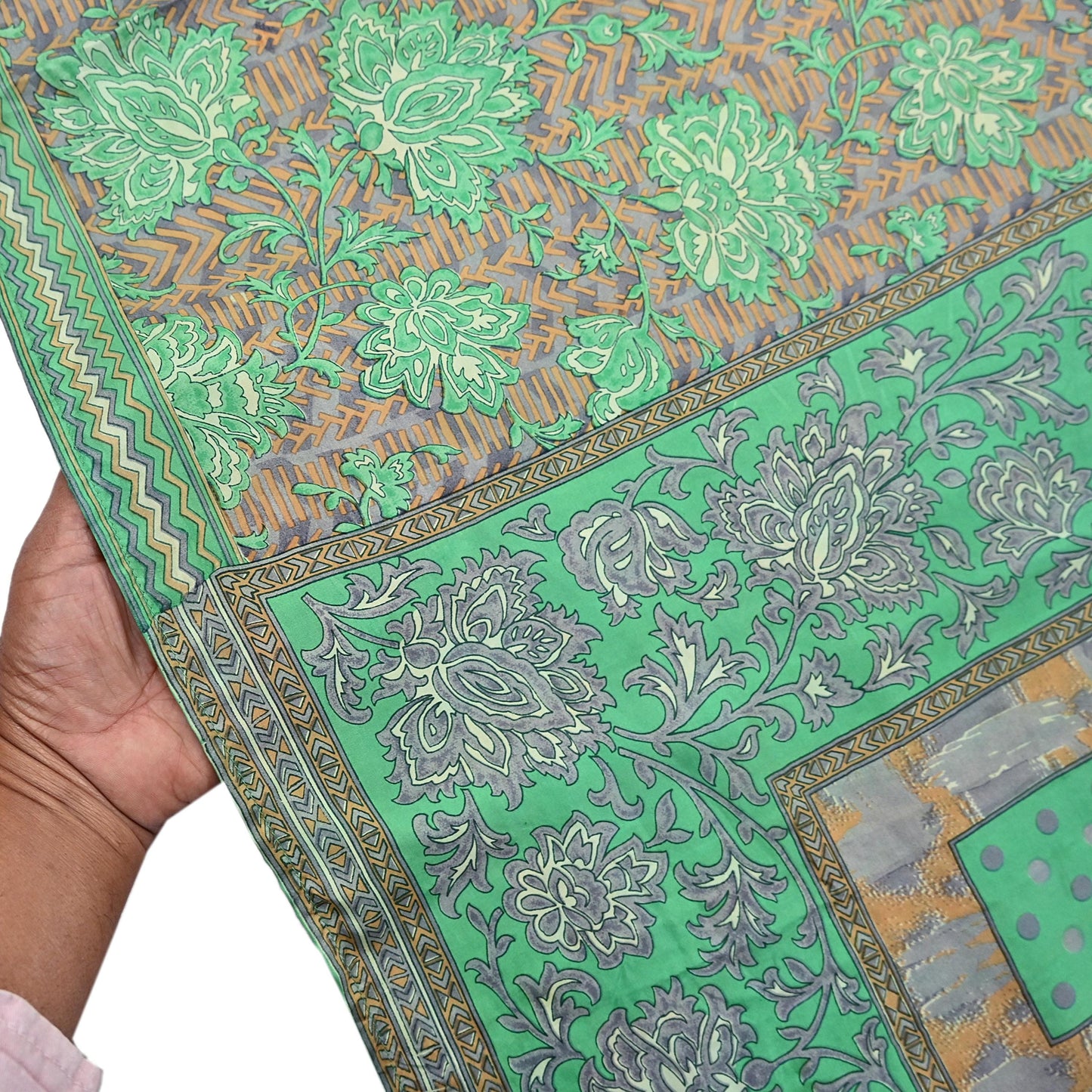 Vintage Gray & Green Pure Silk Saree Indian Printed Floral Silk Fabric 5 Yard Soft Sewing Material for Dressmaking, Quilting Crafts