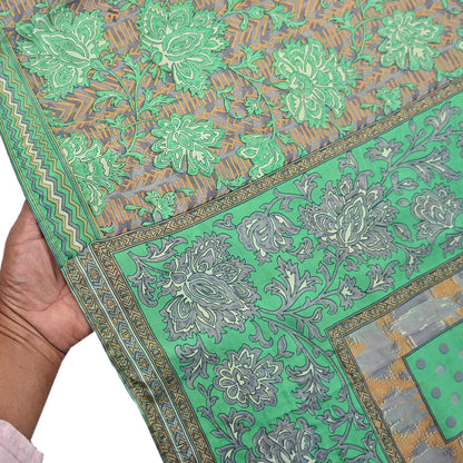 Vintage Gray & Green Pure Silk Saree Indian Printed Floral Silk Fabric 5 Yard Soft Sewing Material for Dressmaking, Quilting Crafts