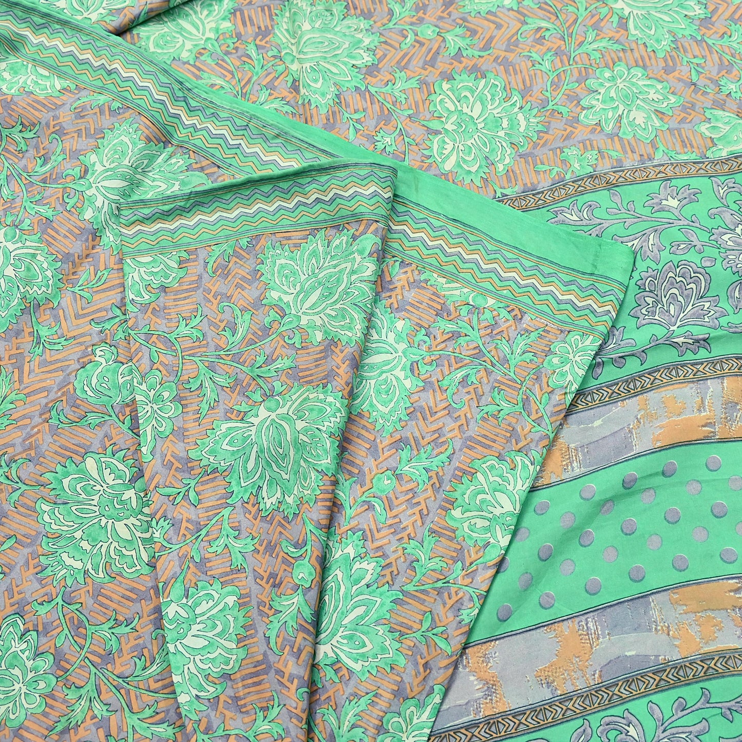 Vintage Gray & Green Pure Silk Saree Indian Printed Floral Silk Fabric 5 Yard Soft Sewing Material for Dressmaking, Quilting Crafts