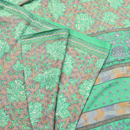 Vintage Gray & Green Pure Silk Saree Indian Printed Floral Silk Fabric 5 Yard Soft Sewing Material for Dressmaking, Quilting Crafts