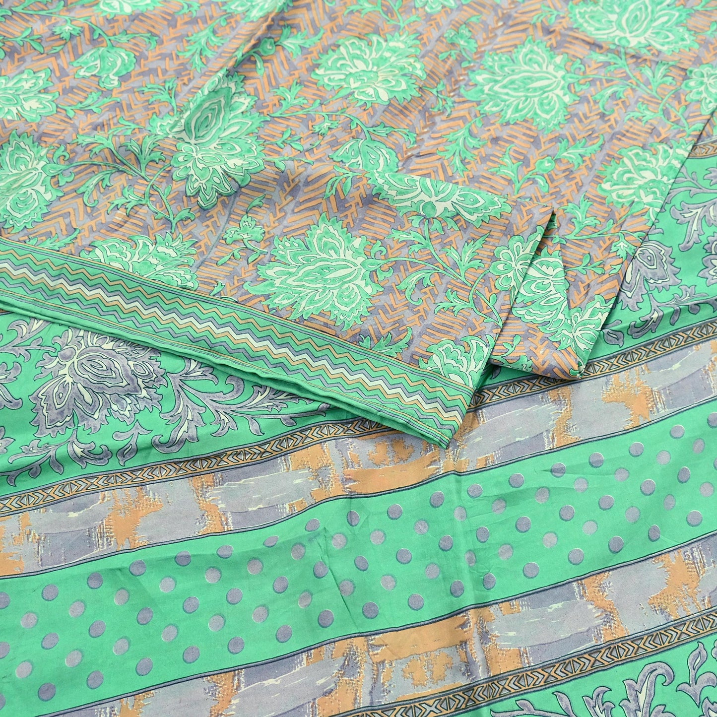 Vintage Gray & Green Pure Silk Saree Indian Printed Floral Silk Fabric 5 Yard Soft Sewing Material for Dressmaking, Quilting Crafts
