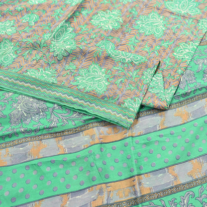 Vintage Gray & Green Pure Silk Saree Indian Printed Floral Silk Fabric 5 Yard Soft Sewing Material for Dressmaking, Quilting Crafts