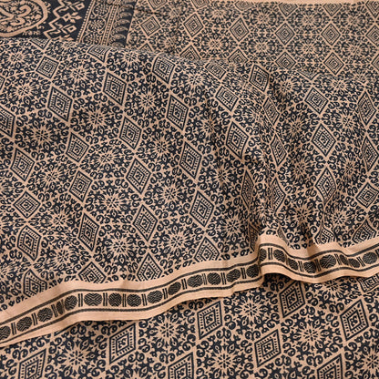 Indian Vintage Sari Beige & Black Printed Pure Cotton Sarees Fabric Floral 5Yd Sarong Wrap Boho Fabric Kimono Soft Dress making Crafting