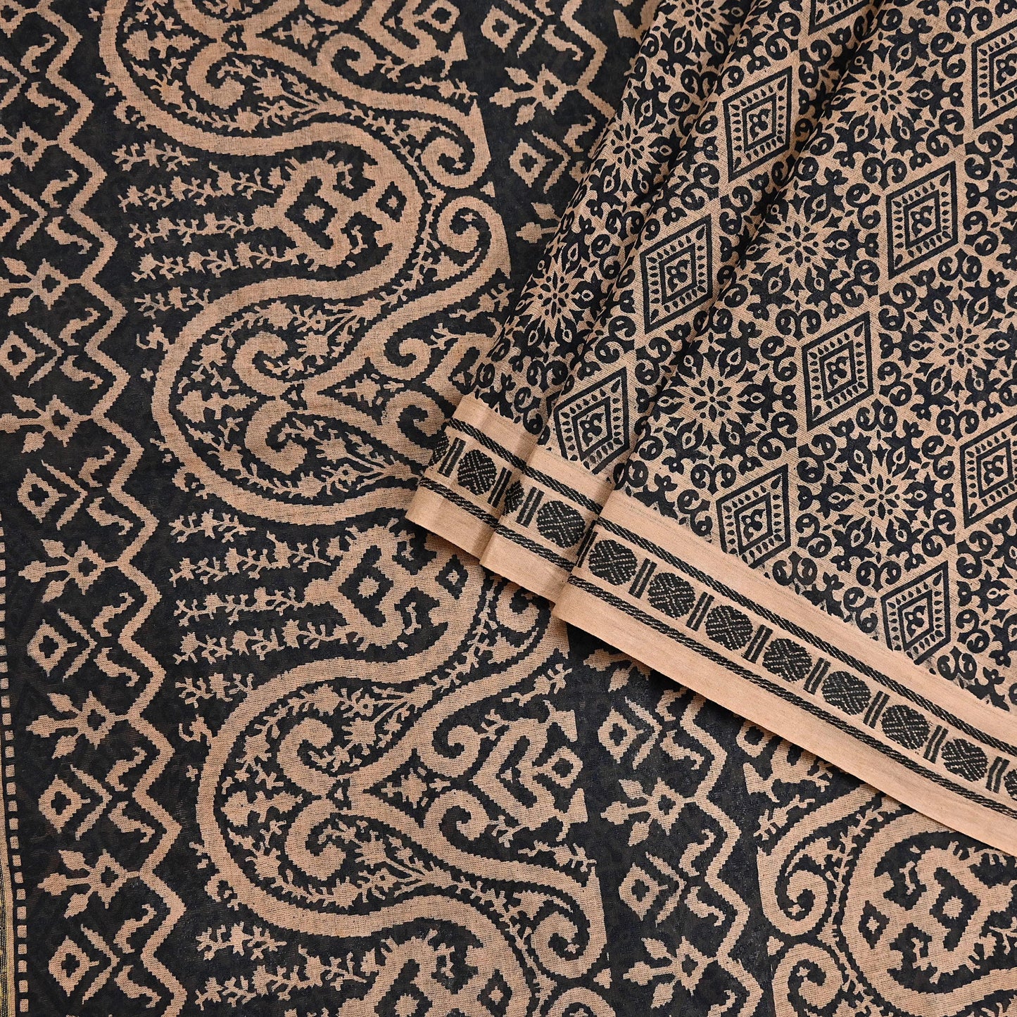 Indian Vintage Sari Beige & Black Printed Pure Cotton Sarees Fabric Floral 5Yd Sarong Wrap Boho Fabric Kimono Soft Dress making Crafting