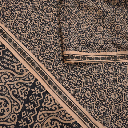 Indian Vintage Sari Beige & Black Printed Pure Cotton Sarees Fabric Floral 5Yd Sarong Wrap Boho Fabric Kimono Soft Dress making Crafting