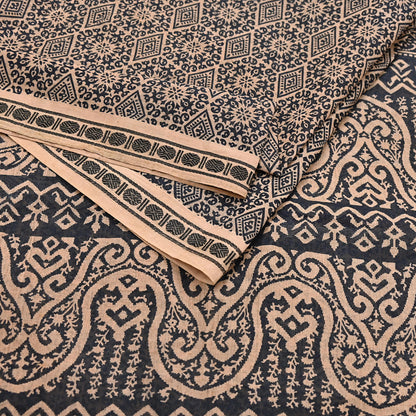 Indian Vintage Sari Beige & Black Printed Pure Cotton Sarees Fabric Floral 5Yd Sarong Wrap Boho Fabric Kimono Soft Dress making Crafting