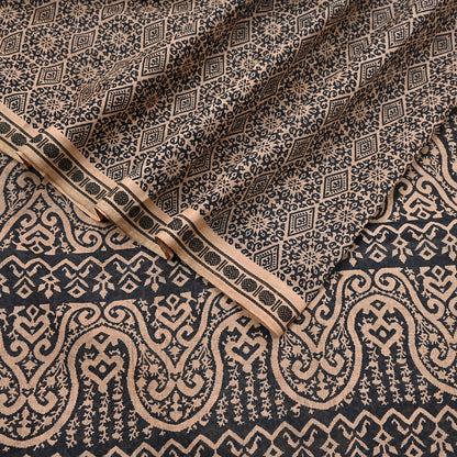 Indian Vintage Sari Beige & Black Printed Pure Cotton Sarees Fabric Floral 5Yd Sarong Wrap Boho Fabric Kimono Soft Dress making Crafting