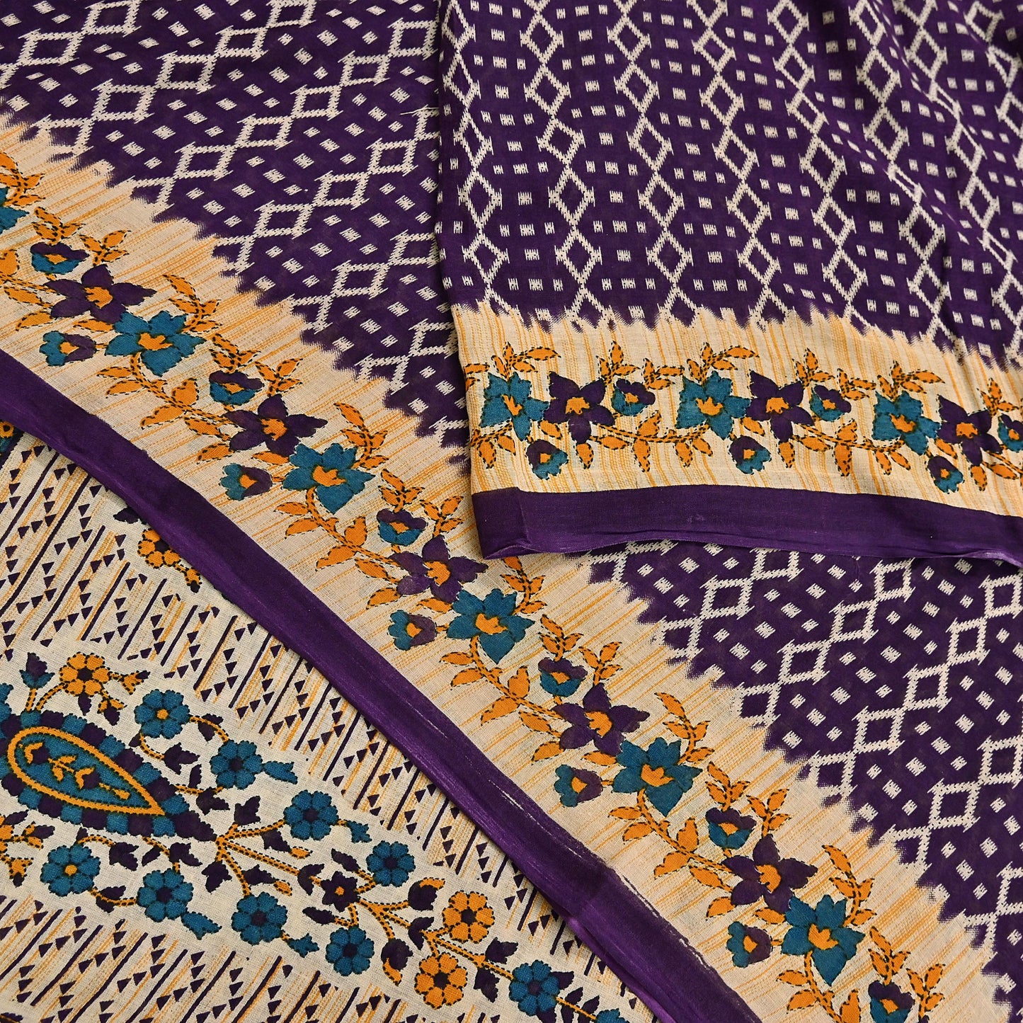 Indian Vintage Sari Purple & Ivory Pure Cotton Printed Saree 5Yd Craft Fabric Sewing Sarong Wrap Boho Floral Quilting crafting dressmaking