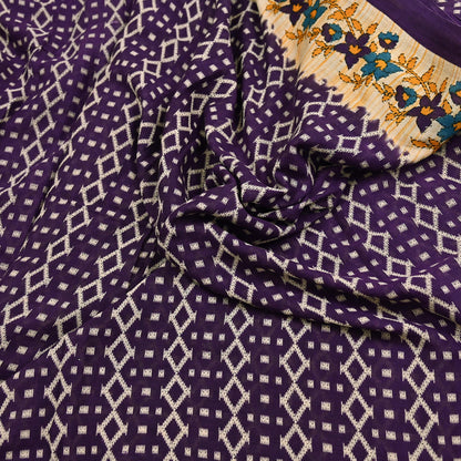 Indian Vintage Sari Purple & Ivory Pure Cotton Printed Saree 5Yd Craft Fabric Sewing Sarong Wrap Boho Floral Quilting crafting dressmaking