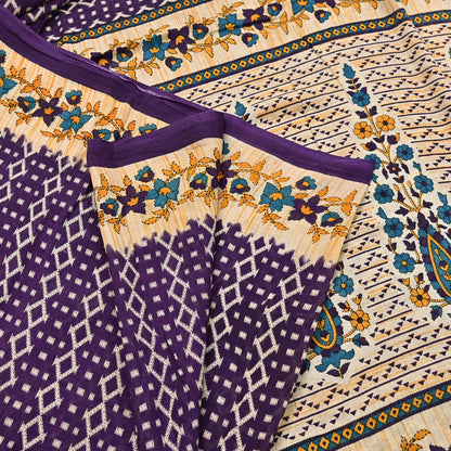 Indian Vintage Sari Purple & Ivory Pure Cotton Printed Saree 5Yd Craft Fabric Sewing Sarong Wrap Boho Floral Quilting crafting dressmaking