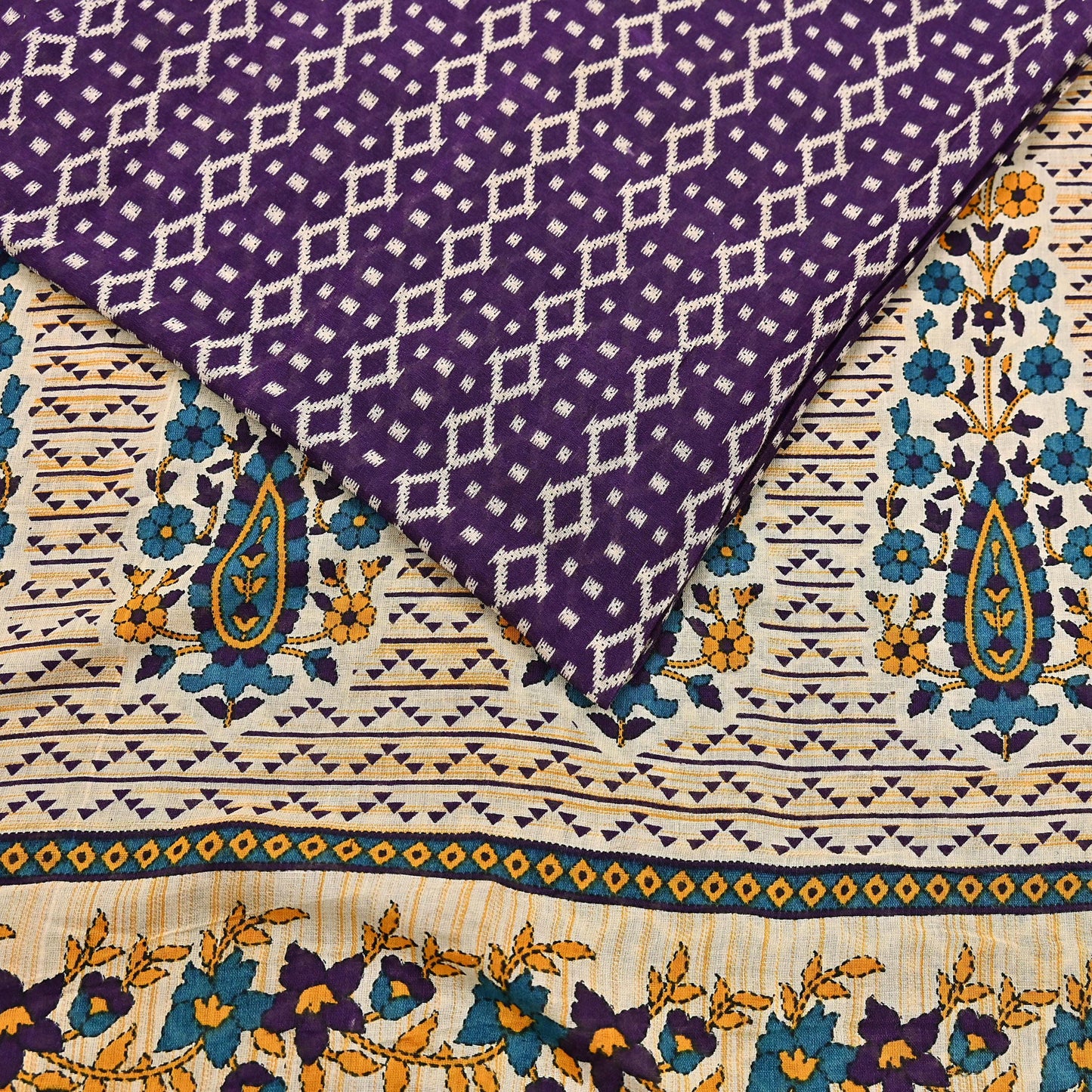 Indian Vintage Sari Purple & Ivory Pure Cotton Printed Saree 5Yd Craft Fabric Sewing Sarong Wrap Boho Floral Quilting crafting dressmaking