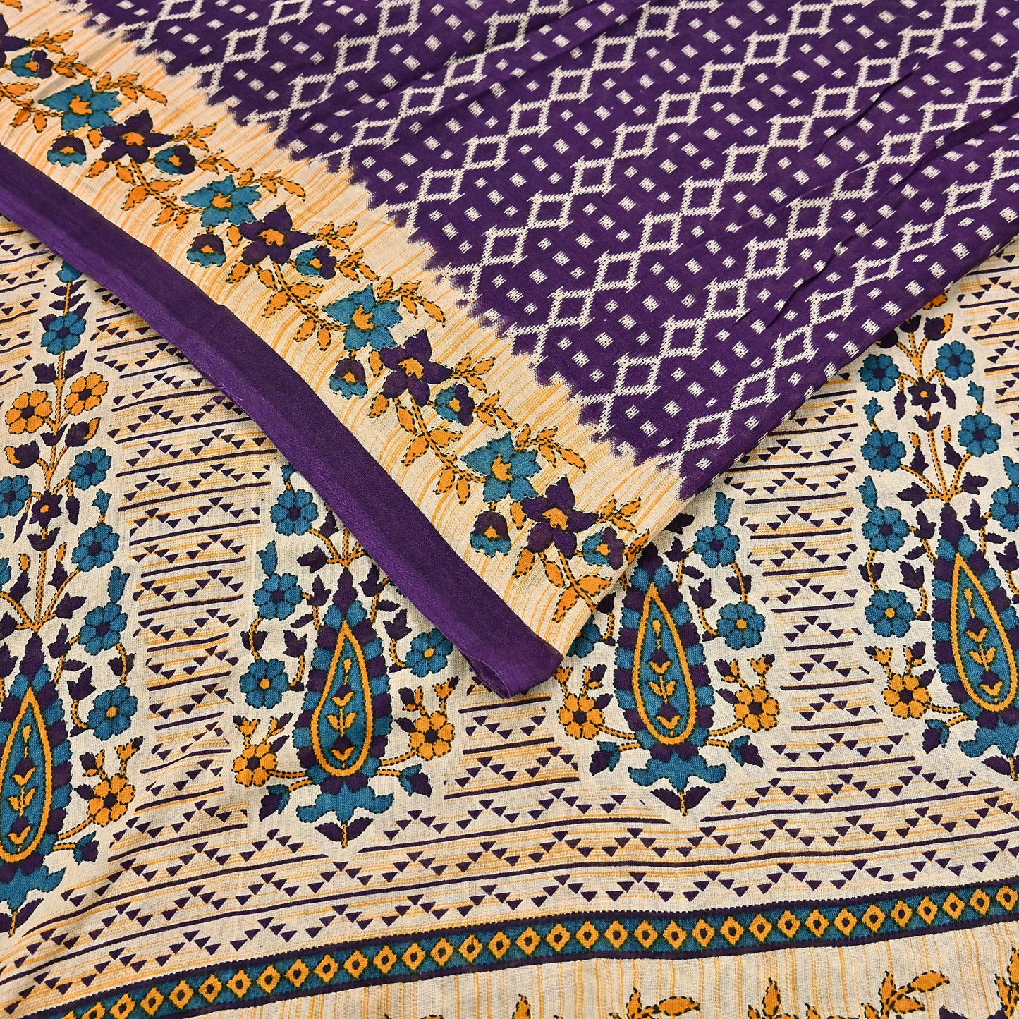 Indian Vintage Sari Purple & Ivory Pure Cotton Printed Saree 5Yd Craft Fabric Sewing Sarong Wrap Boho Floral Quilting crafting dressmaking