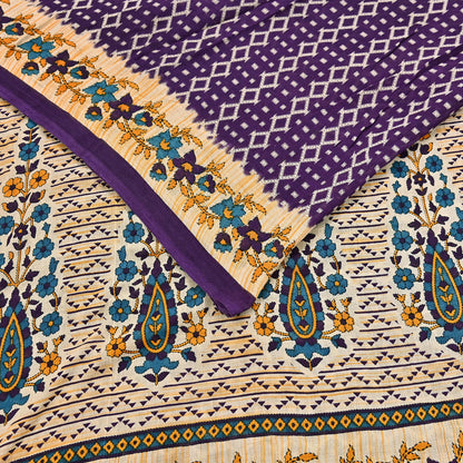 Indian Vintage Sari Purple & Ivory Pure Cotton Printed Saree 5Yd Craft Fabric Sewing Sarong Wrap Boho Floral Quilting crafting dressmaking