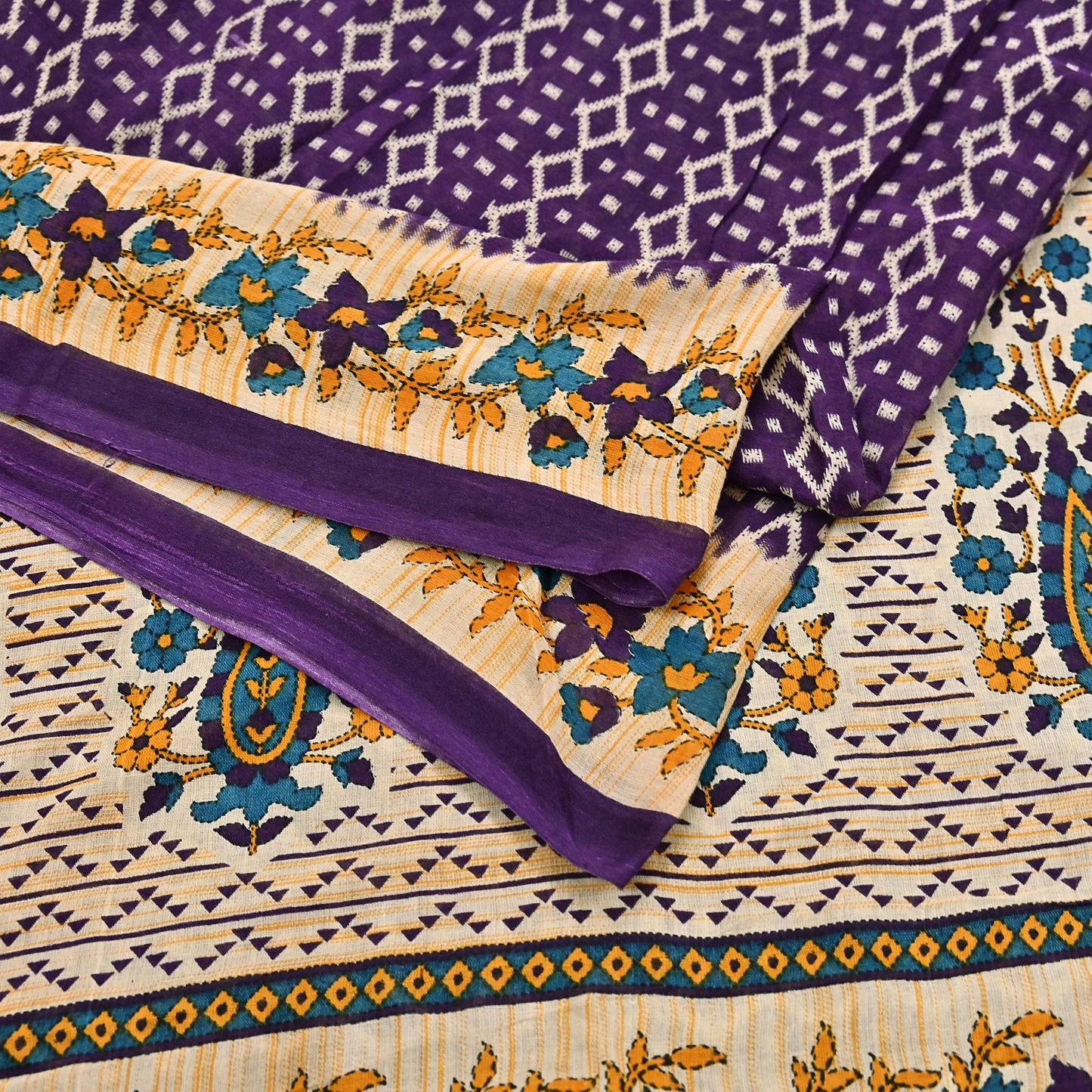 Indian Vintage Sari Purple & Ivory Pure Cotton Printed Saree 5Yd Craft Fabric Sewing Sarong Wrap Boho Floral Quilting crafting dressmaking