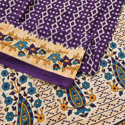 Indian Vintage Sari Purple & Ivory Pure Cotton Printed Saree 5Yd Craft Fabric Sewing Sarong Wrap Boho Floral Quilting crafting dressmaking