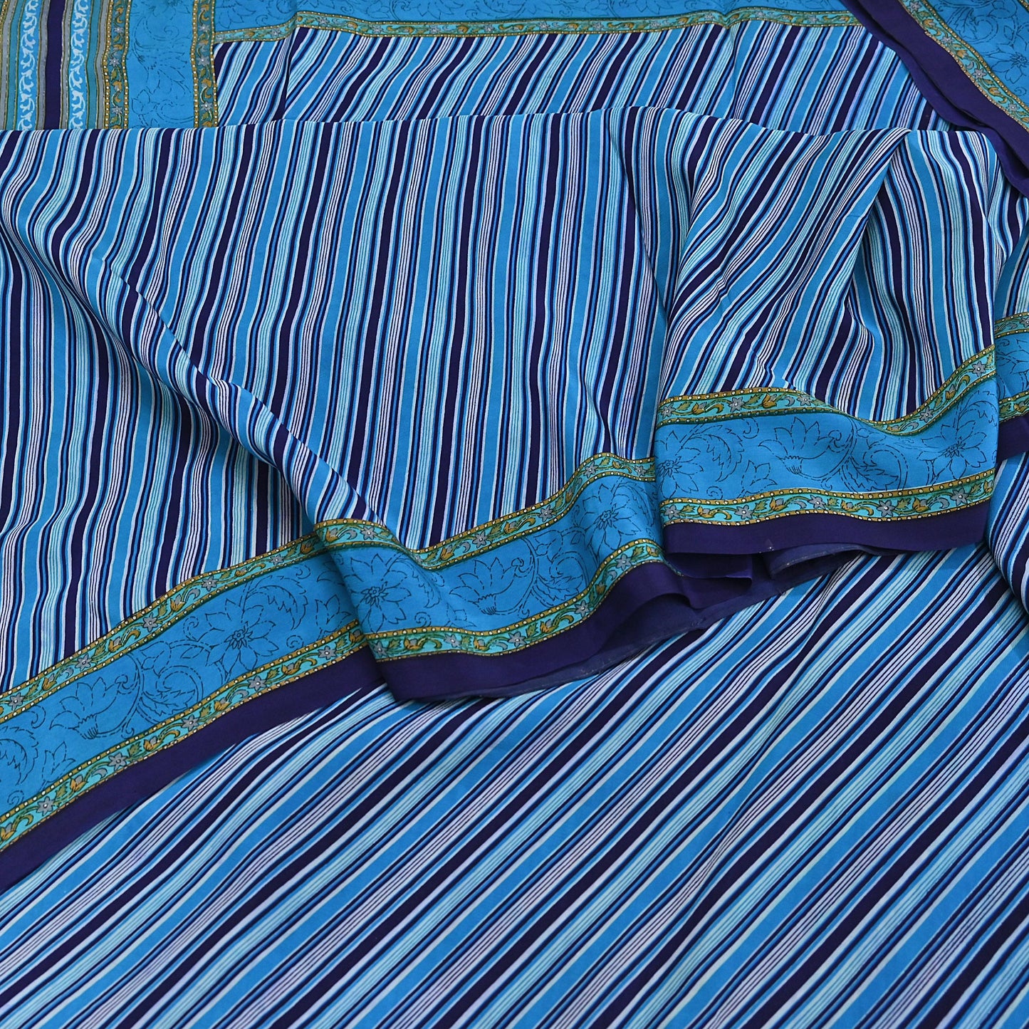 Indian Vintage Blue Saree Pure Crepe Silk Printed Sari Craft Fabric 5yd Sewing Abstract Soft Craft Fabric Wrap Dress making