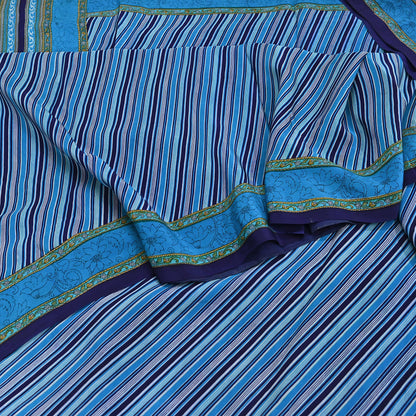 Indian Vintage Blue Saree Pure Crepe Silk Printed Sari Craft Fabric 5yd Sewing Abstract Soft Craft Fabric Wrap Dress making