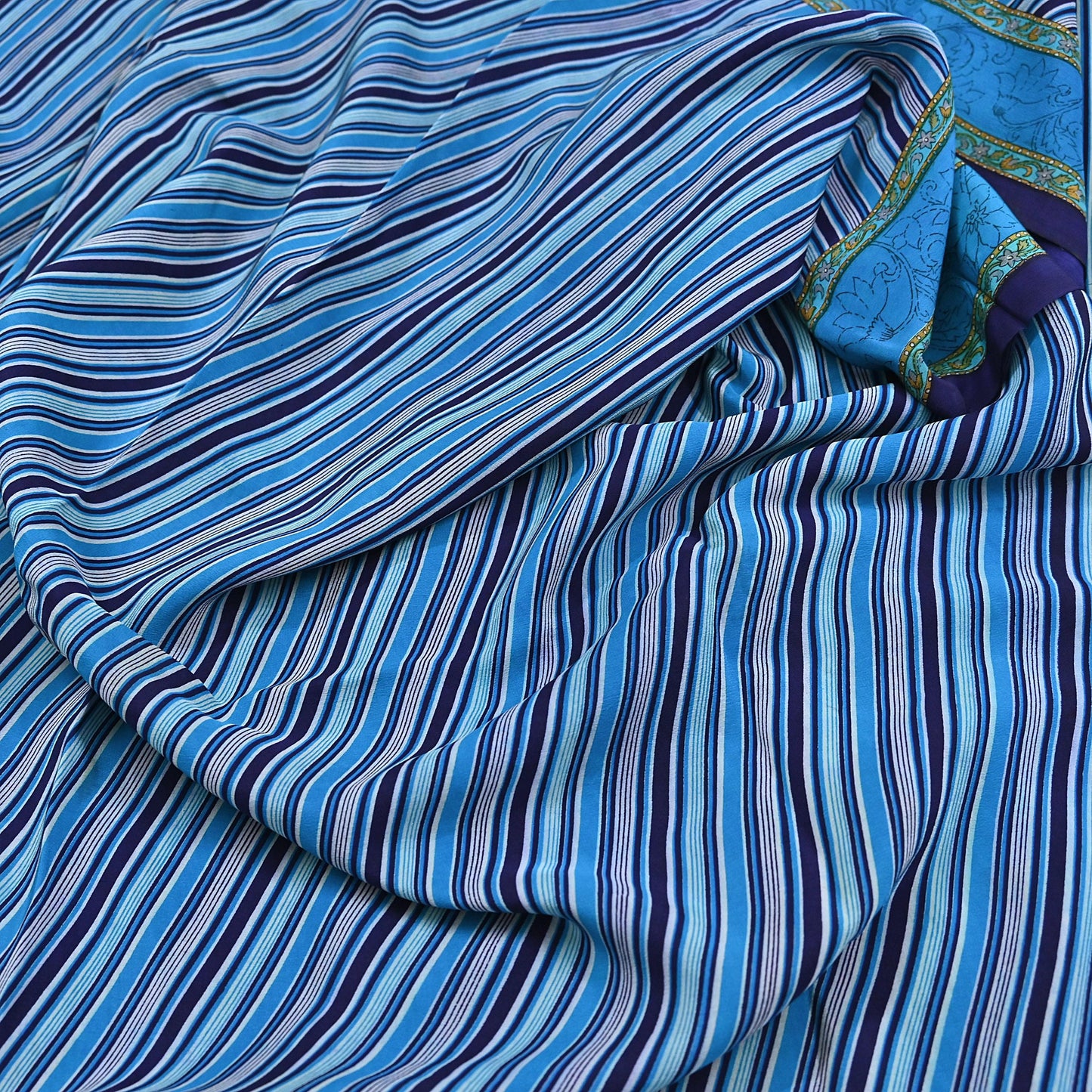 Indian Vintage Blue Saree Pure Crepe Silk Printed Sari Craft Fabric 5yd Sewing Abstract Soft Craft Fabric Wrap Dress making