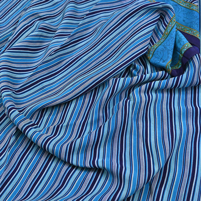 Indian Vintage Blue Saree Pure Crepe Silk Printed Sari Craft Fabric 5yd Sewing Abstract Soft Craft Fabric Wrap Dress making