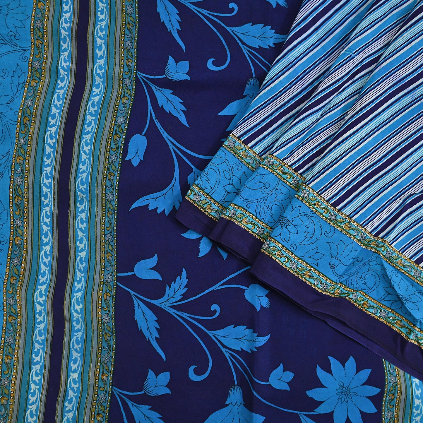 Indian Vintage Blue Saree Pure Crepe Silk Printed Sari Craft Fabric 5yd Sewing Abstract Soft Craft Fabric Wrap Dress making