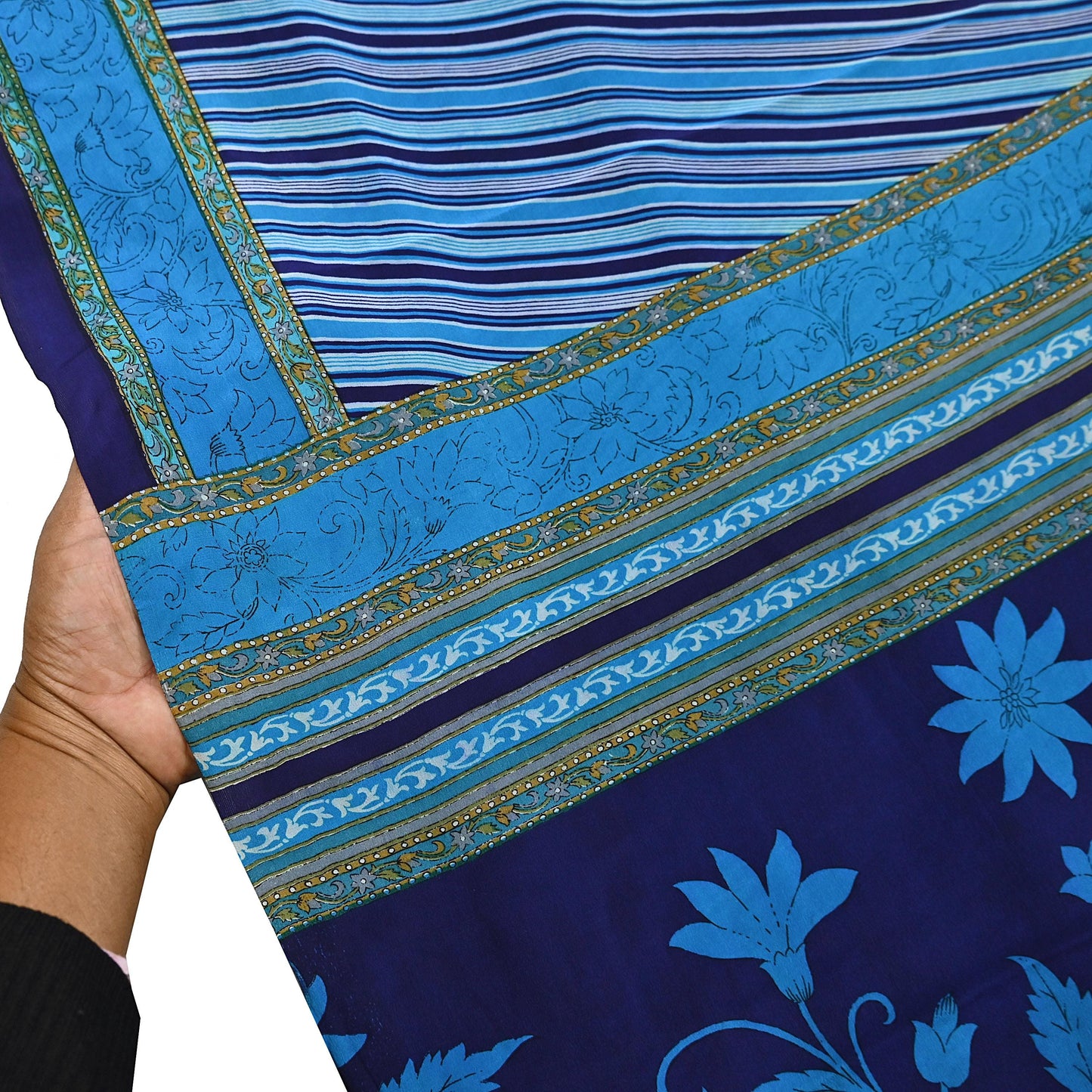 Indian Vintage Blue Saree Pure Crepe Silk Printed Sari Craft Fabric 5yd Sewing Abstract Soft Craft Fabric Wrap Dress making